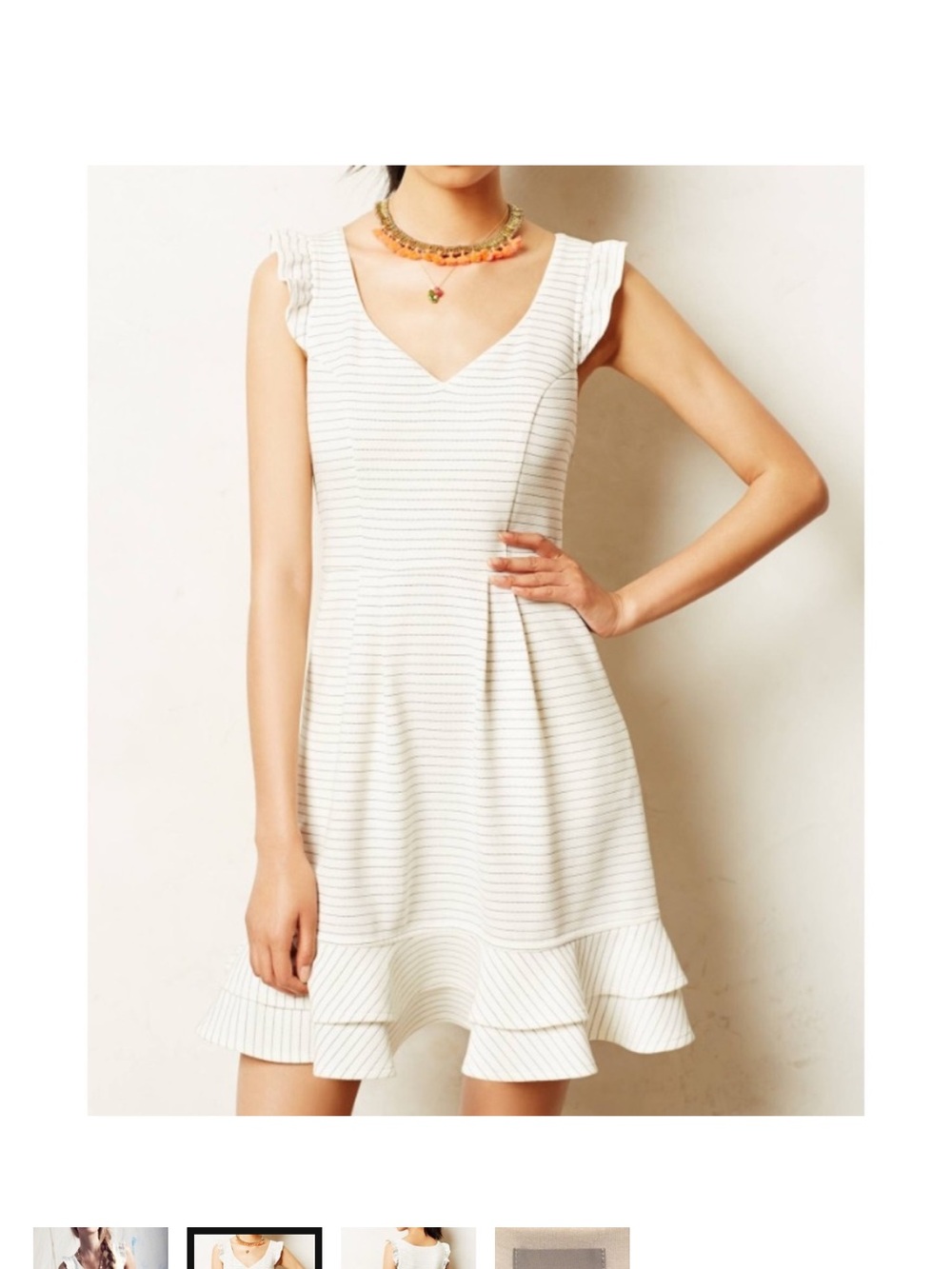 Maeve White Striped V-Neck Ruffle-Hem Mini Dress